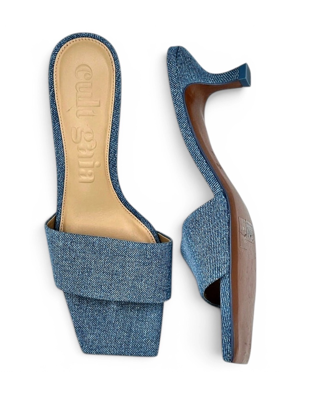 CULT GAIA Ada Denim Blue Square Toe Kitten Heel Mule Sandals EU 38.5